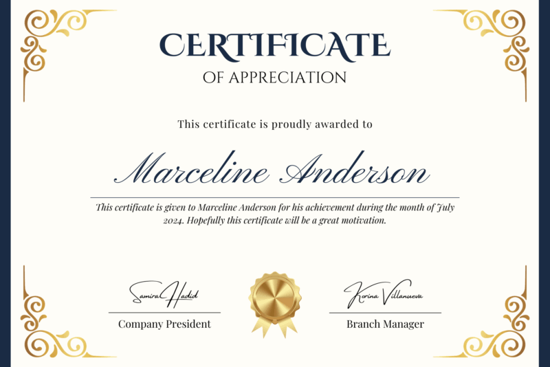 Cream Bordered Appreciation Certificate